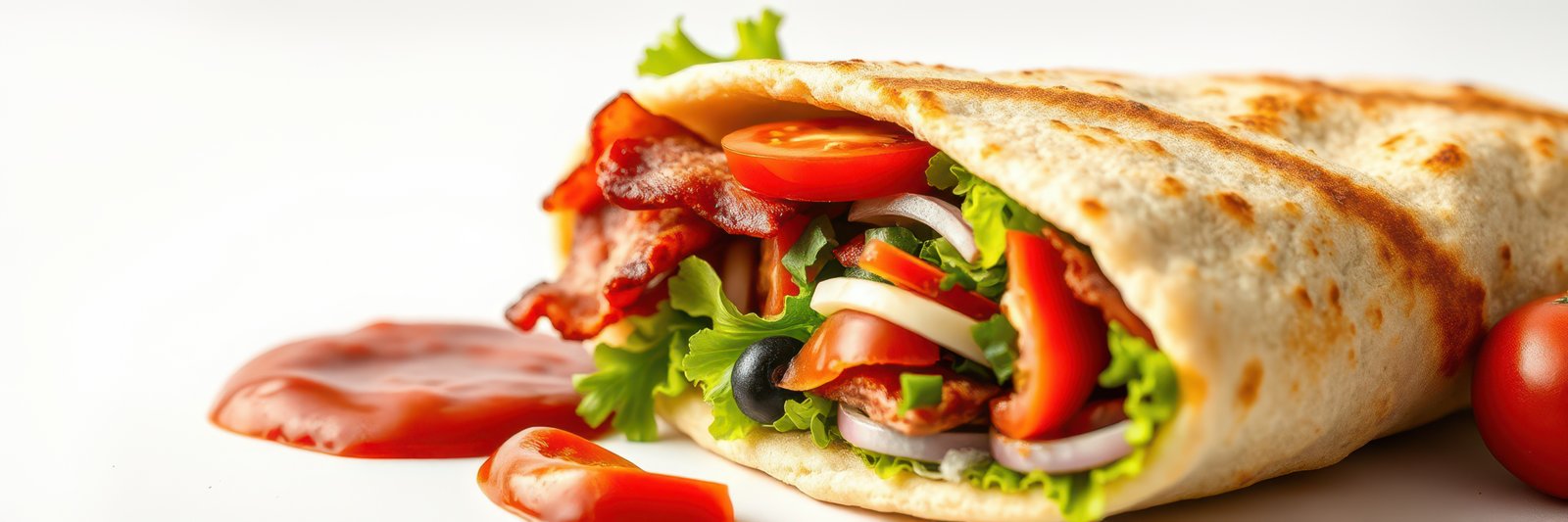 Delicious tortilla wrap filled with fresh vegetables and savory bacon served with salsa